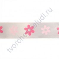 Лента атласная 25 мм с рисунком Цветочки, цвет белый с розовым, 1 метр